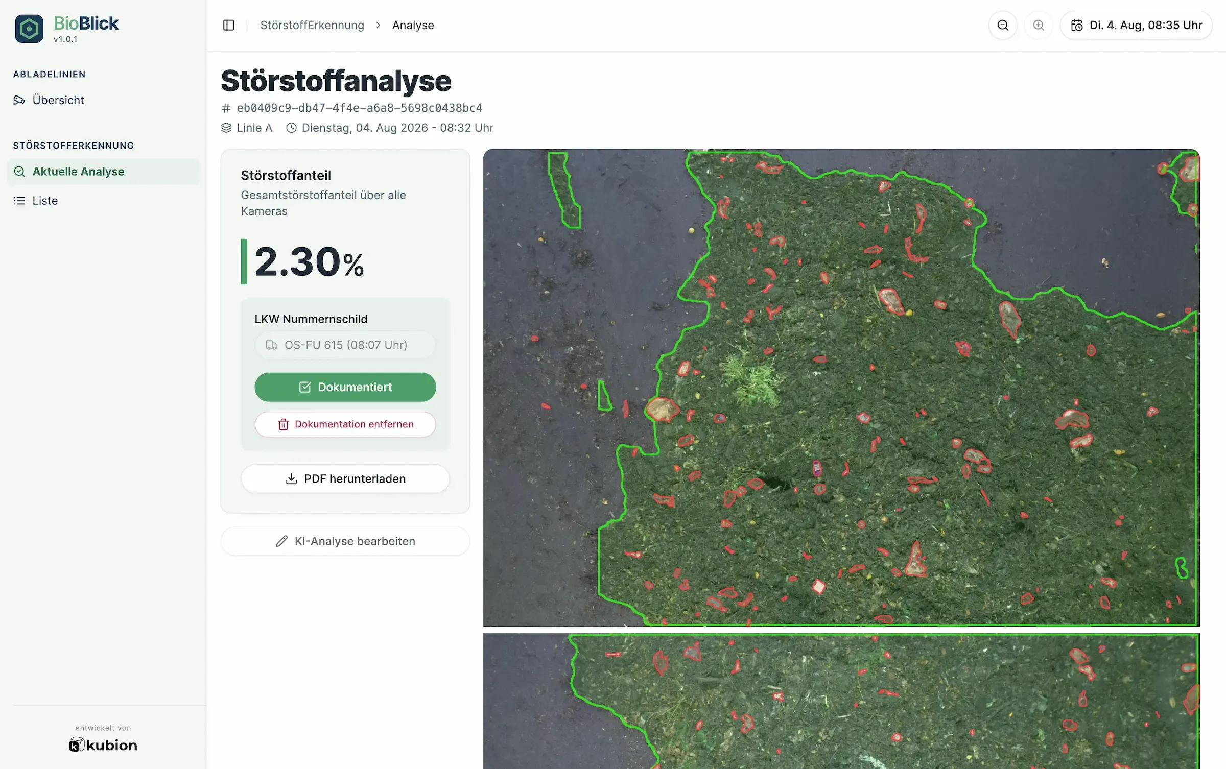 BioBlick-Dashboard: Störstoffanalyse einer Anlieferung mit automatisch erkannten Störstoffen und berechnetem Störstoffanteil von 2,30 %